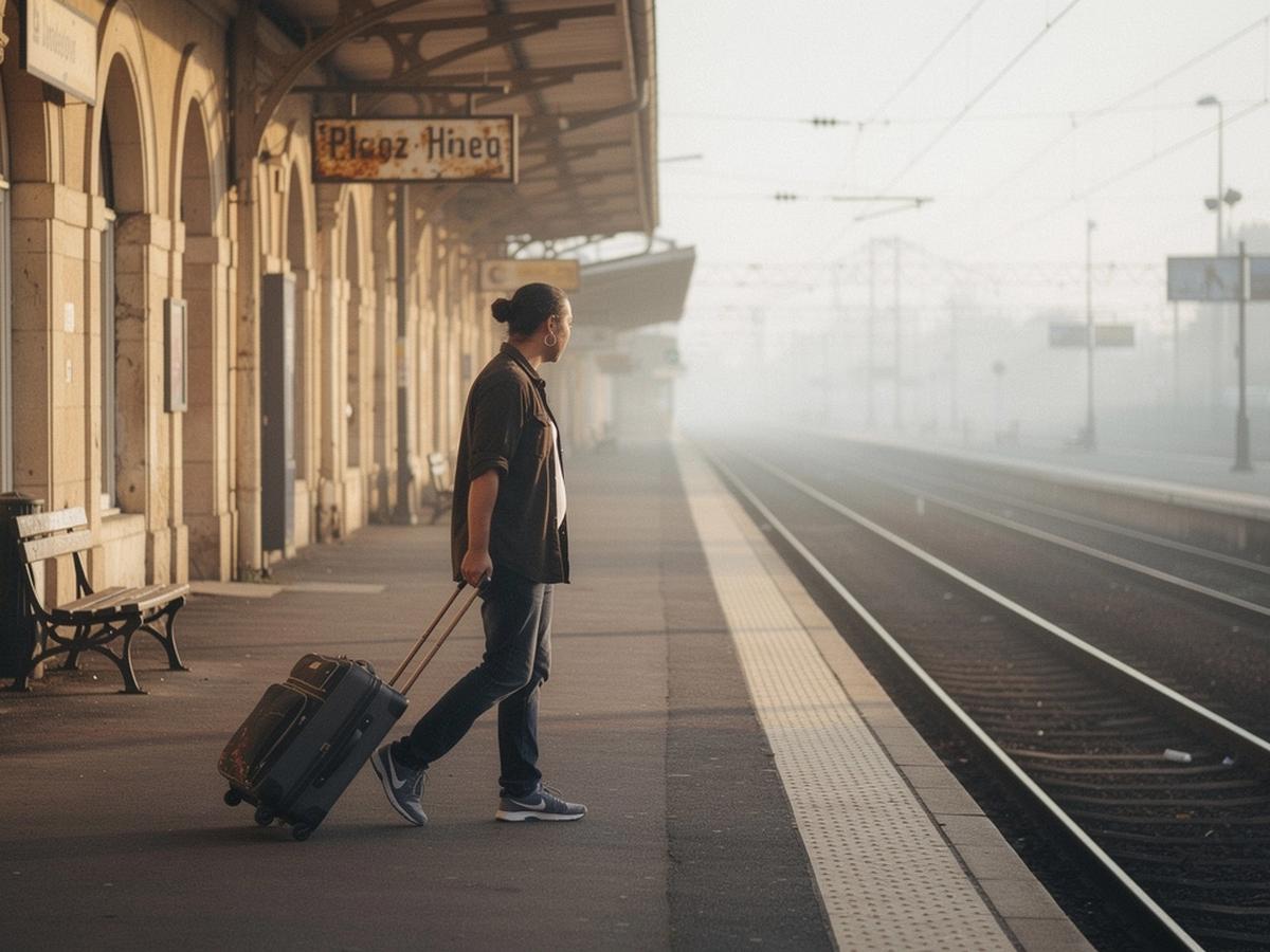A quiet railway platform in a European city at early morning light