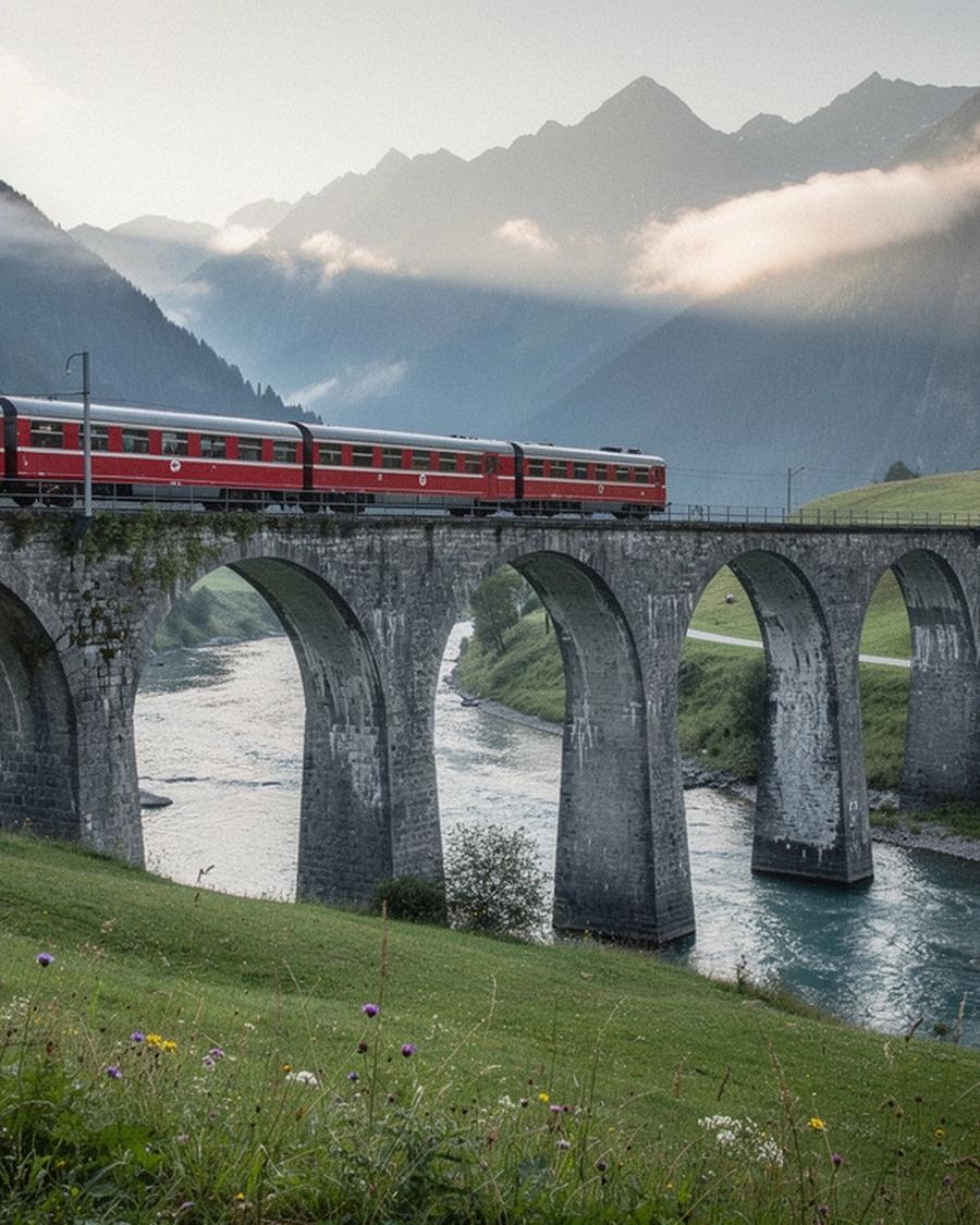 Railway viaduct crossing a green alpine valley on the Alpine Loop route