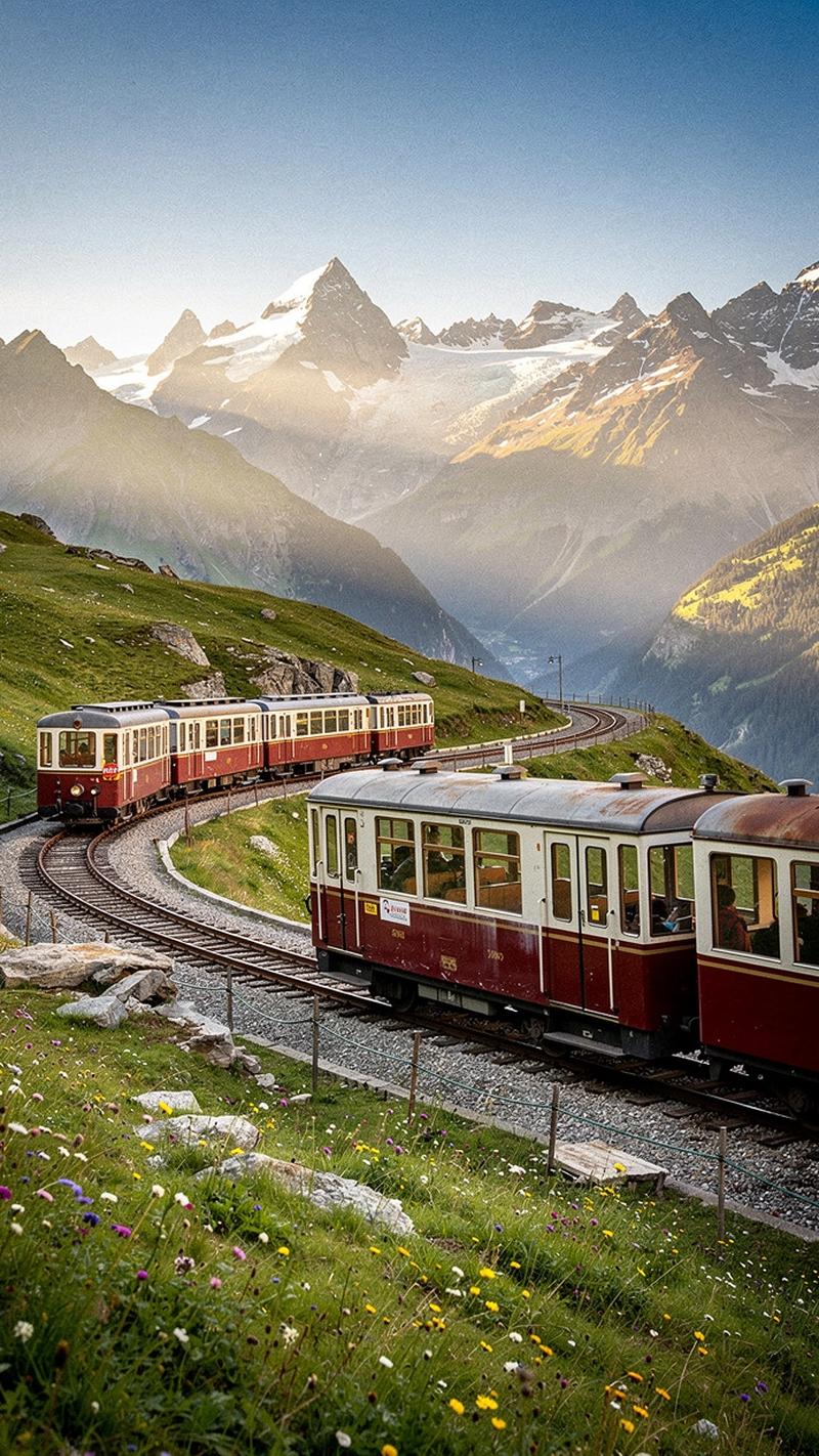 Mountain railway curving through alpine meadows