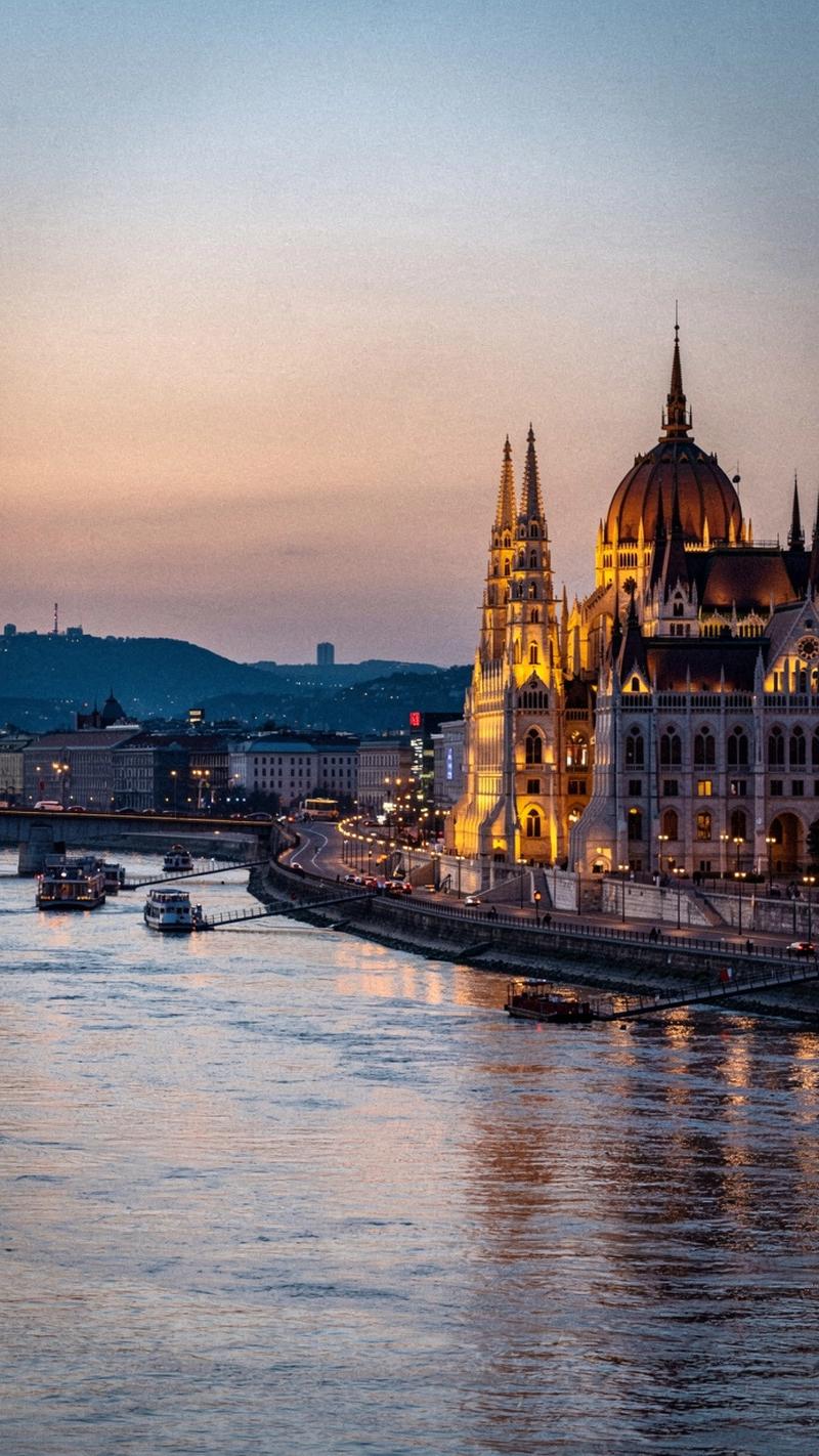 Danube river city skyline at dusk