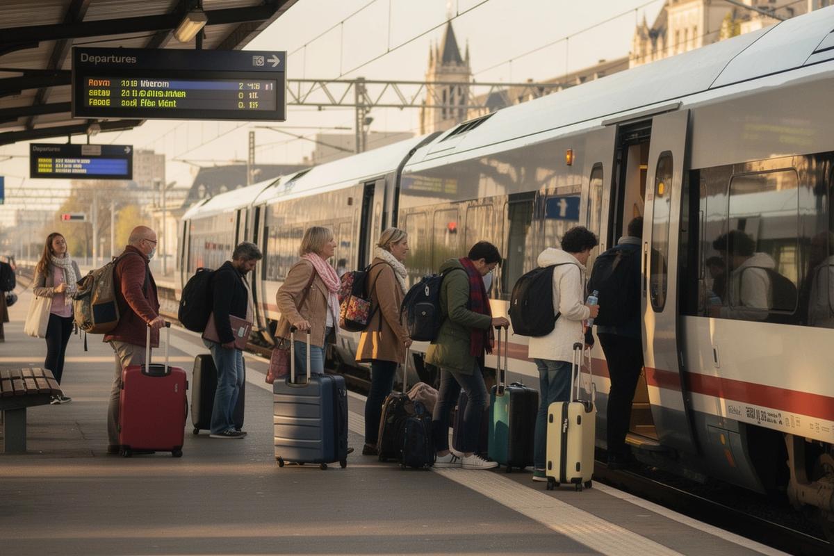 A small group of travelers boarding a regional train in Europe