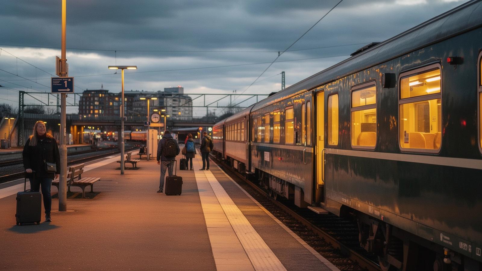 Departure platform of a European night train at dusk