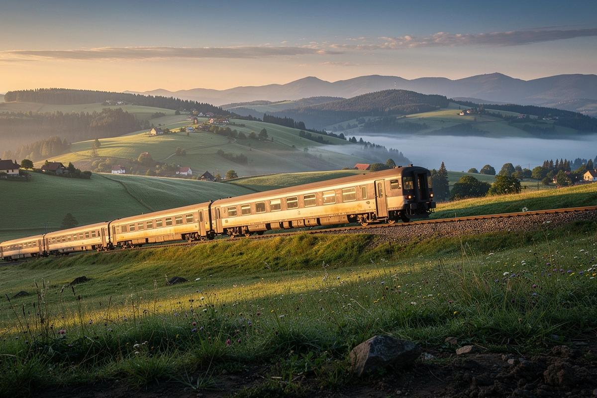 Train crossing the Carpathian foothills at dawn