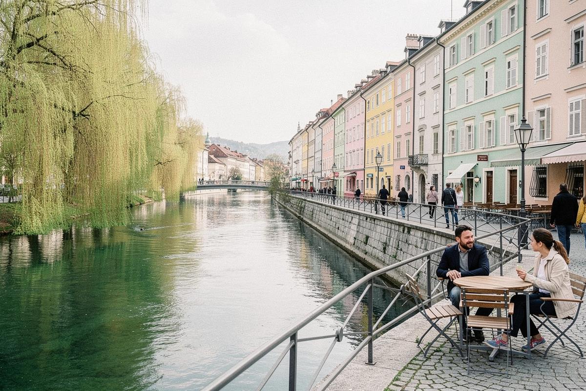Ljubljana riverside promenade with willow trees