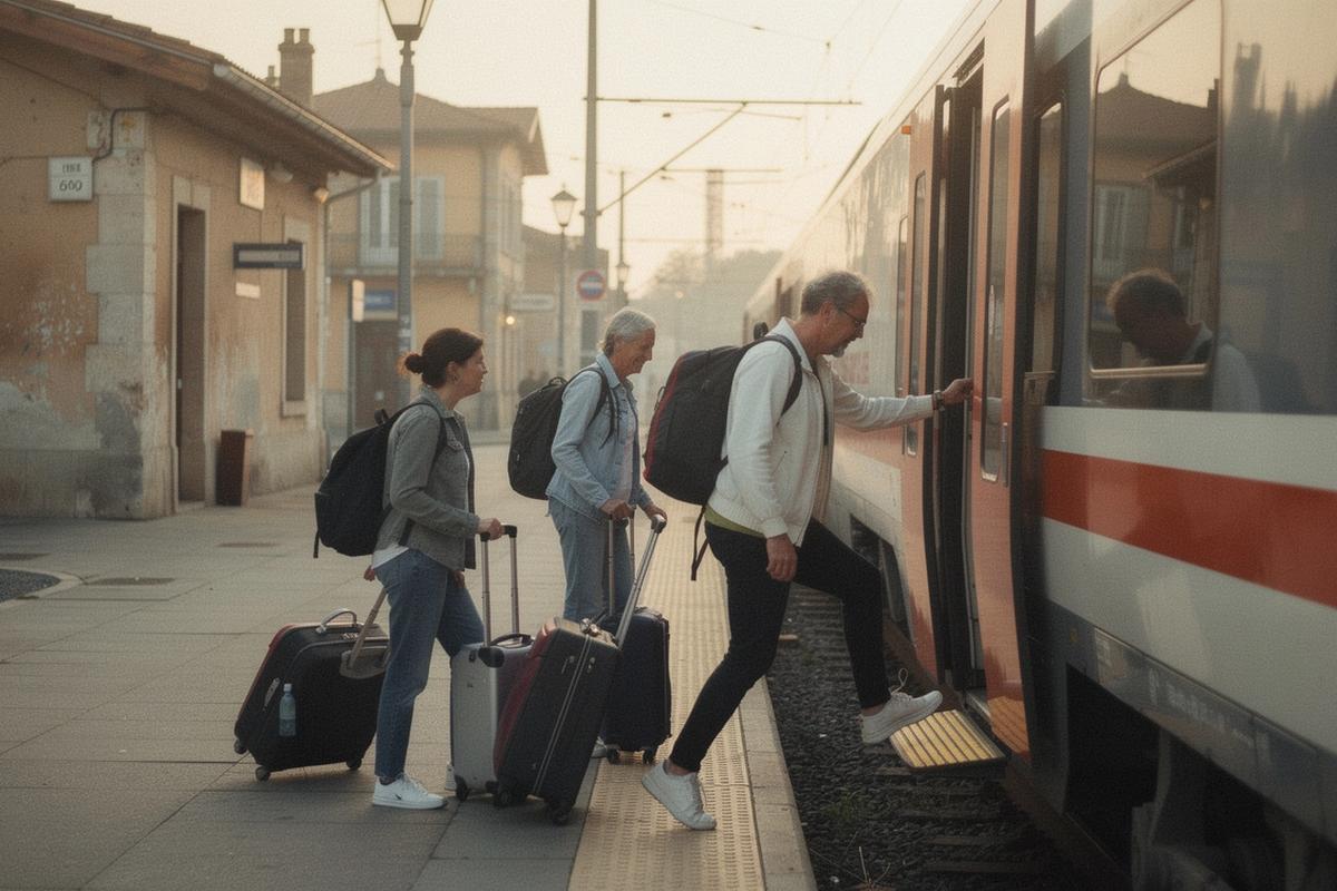 Travelers boarding a regional train at a European station platform